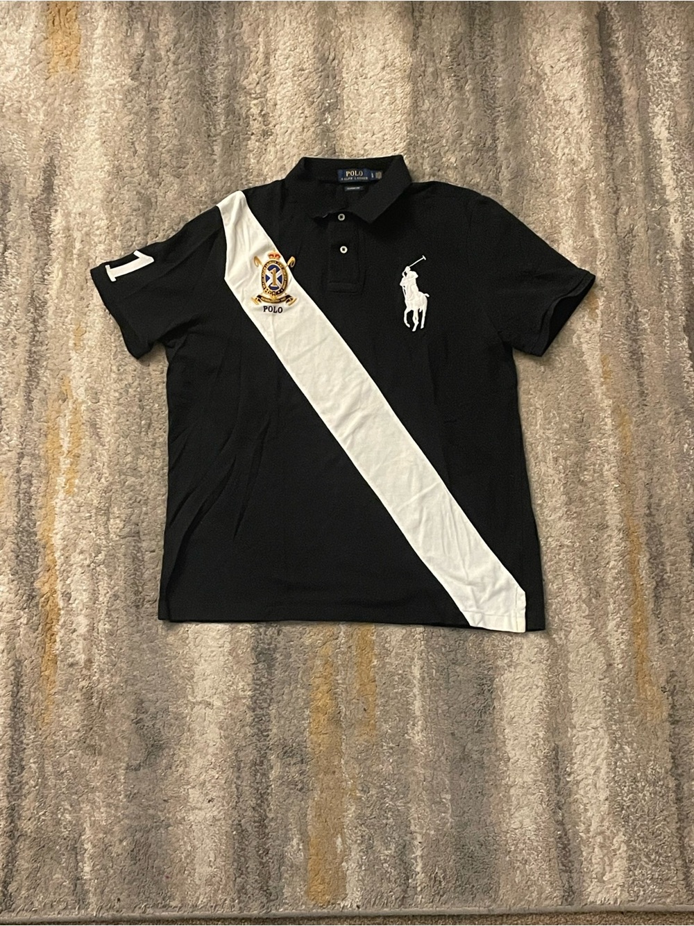 Polo by Ralph Lauren Black Polo with White Diagonal Stripe and Crest